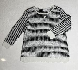 ELLE Women XXL Black White Striped Fuzzy Knit Sweater Scallop Hem Pullover Flaw